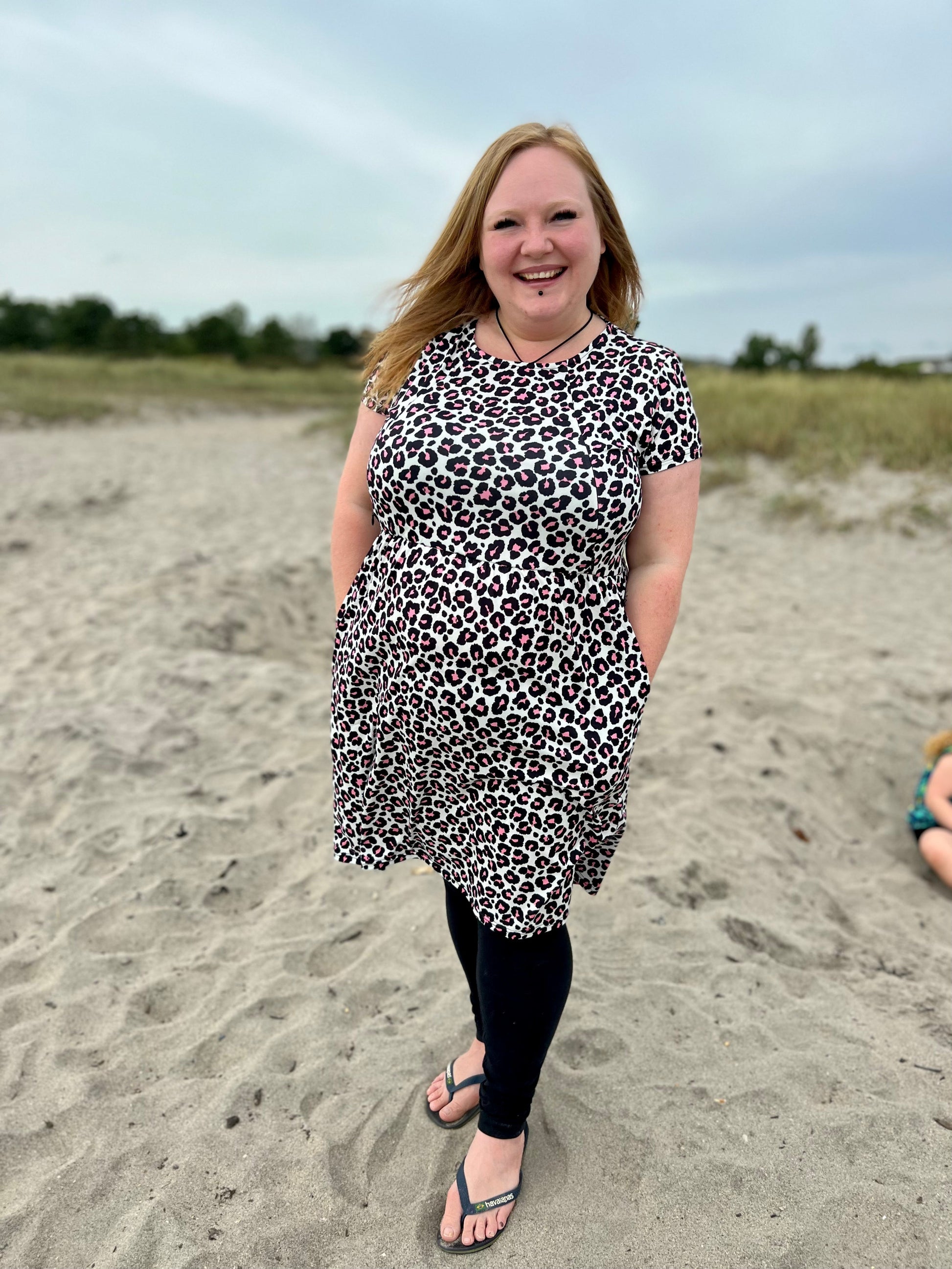 breastfeeding dress by stylish mum in leopard print pink breastfeeding mum on the beach 